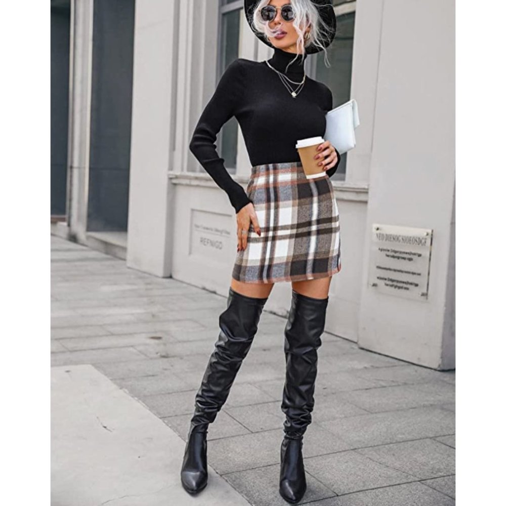 Brown Multi Plaid Printed Knit High Waist Fitted Pencil Bodycon Mini Skirt - Picture 3 of 7